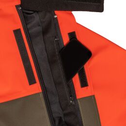 Kruedener Hundef&uuml;hrer-/ Durchgehjacke warnrot/oliv Funktasche herzseitig 56/58