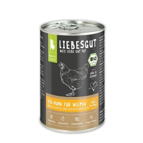Liebesgut Hundenassfutter Junior Bio Huhn mit Apfel und Buchweizen 6x800g