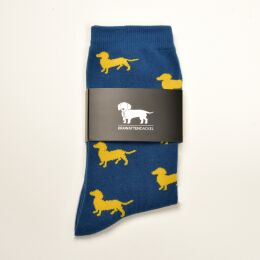 Krawattendackel Herren Socken blau, Dackel gelb, Gr&ouml;&szlig;e 41-46