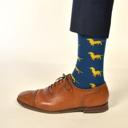 Krawattendackel Herren Socken blau, Dackel gelb, Gr&ouml;&szlig;e 41-46
