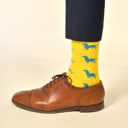 Krawattendackel Damen Socken gelb, Dackel blau, Gr&ouml;&szlig;e 36-40