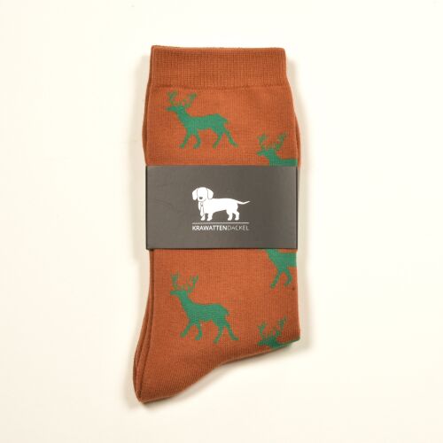 Krawattendackel Herren Socken braun, Hirsch grün, Größe 41-46