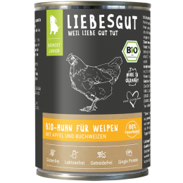 Liebesgut Hundenassfutter Junior Bio Huhn mit Apfel und Buchweizen 6x400g