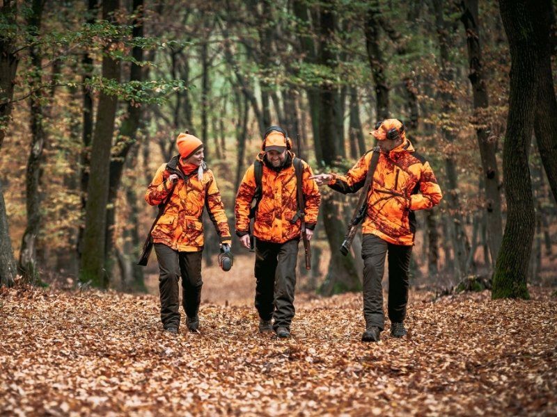 Jäger in Signalkleidung bei einer Gesellschaftsjagd im Wald