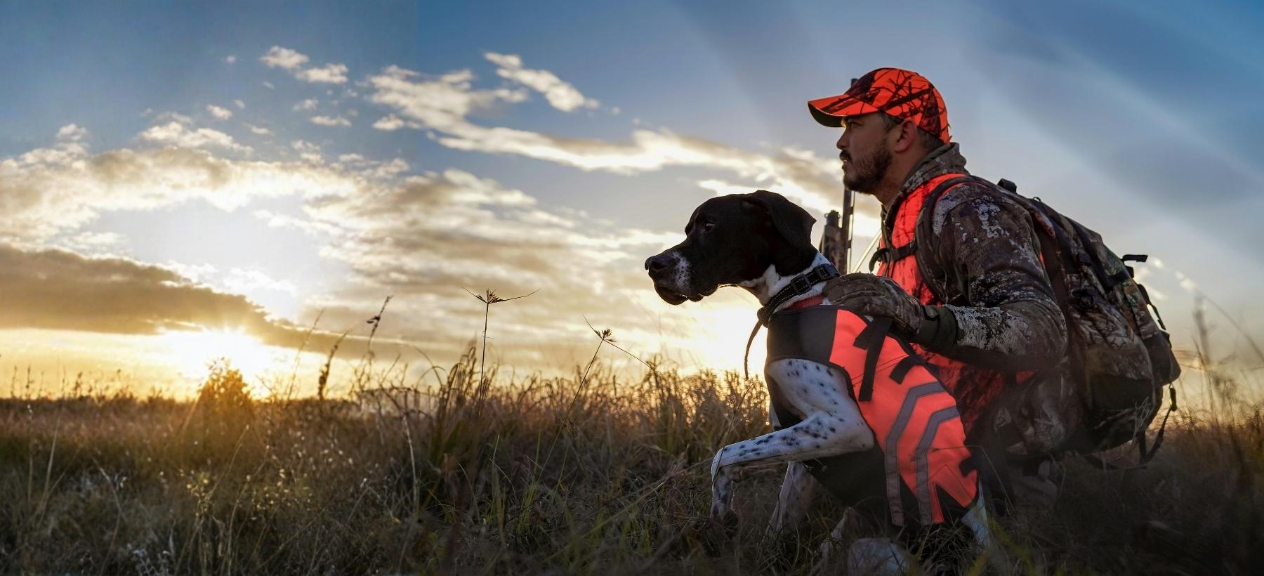 Jäger mit Jagdhund in Signalkleidung bei der Nachsuche